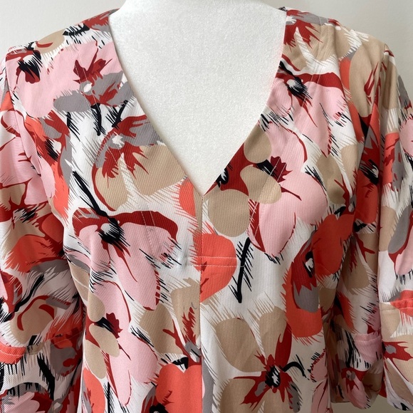 CAARA Asti Midi Dress Size M Pink Coral Red Floral V-neck Puff Sleeve Spring - Picture 6 of 9